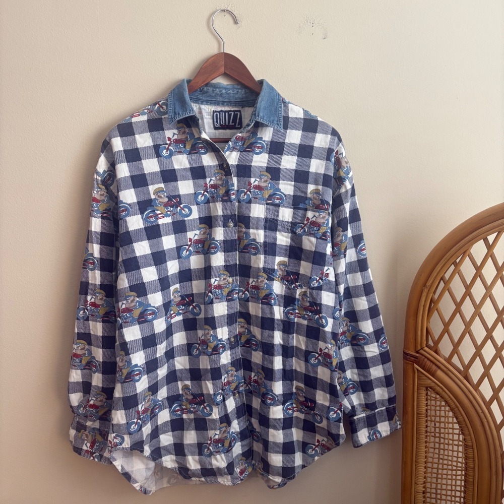 Vintage 1990s Quizz Gingham Plaid Bear Motorcycle Denim Collar Button Down Shirt
